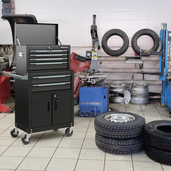 6-Drawer Rolling Tool Storage Chest with Universal Wheels and 2 Door Bottom Cabinet Black {1}