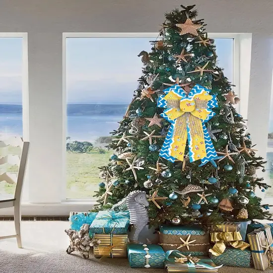 Large Summer Bows for Wreath, Summer Wreath Bows Ocean Sea Wave Bows Blue Yellow Burlap Bow Holiday Farmhouse Craft Bows for Front Door Summer Beach Pool Party Decorations Supplies {3}