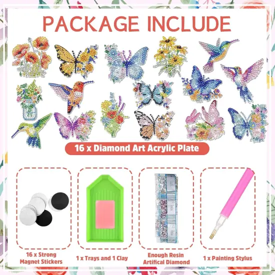 Diamond Painting Art Refrigerator Magnets - 16 PCS DIY Butterfly Hummingbird Flower Fridge Magnet Set Floral Crystal Art Craft for Women Adults Beginners Home Decors {2}