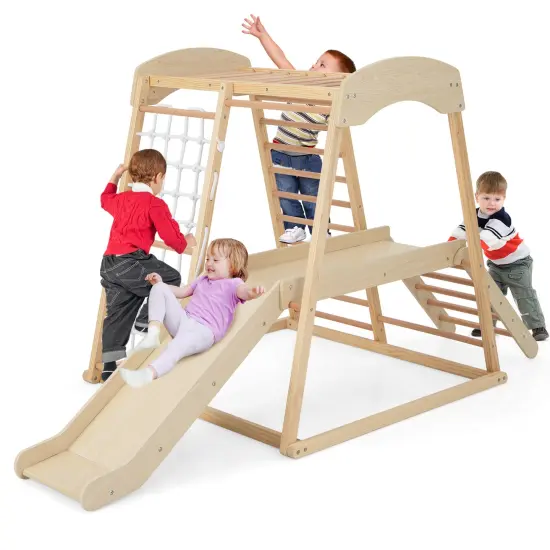Pine and Beech Wood 6-in-1 Indoor Jungle Gym with Slide, Monkey Bars and Climbing Ladders Natural {4}