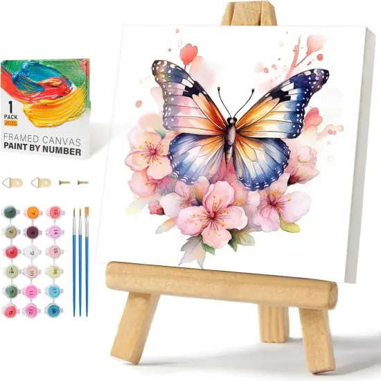 Framed Paint by Numbers Kit for Adults Beginners & Kids Ages 8-12, Butterfly Flowers Acrylic Easy Paint by Number with Frame, Paint by Number Kits on Canvas Framed (10 * 10 Inch, without Easel) {1}