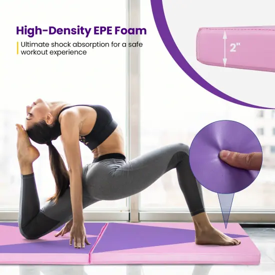 4-Panel PU Leather Folding Exercise Gym Mat with Carrying Handles and Removable Zippered Cover Pink & Purple {6}