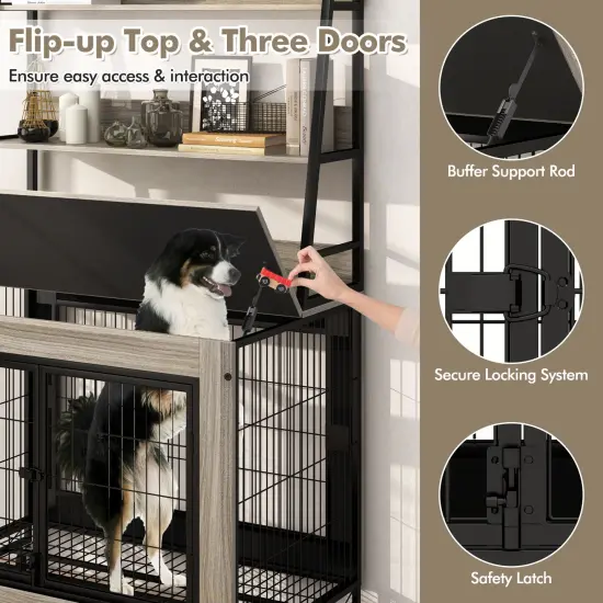 MDF Metal Dog Crate with Storage Shelves and Wheels and Flip-Top Gray {6}