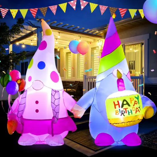 [New] 5FT Birthday Inflatable Gnomes Cake Outdoor Decoration,Build-in LED Lights, for Happy Birthday Party Outdoor,Indoor,Garden Yard Lawn Decor {1}