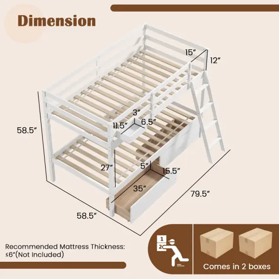 Twin Over Twin Bunk Bed with 2 Storage Drawers and Ladder Pine Wood White {4}