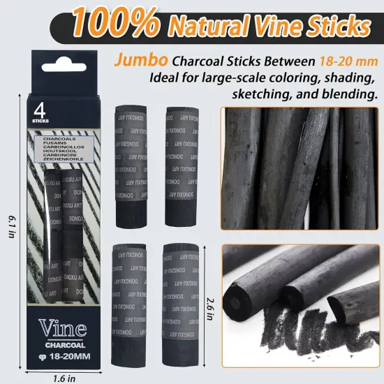 Vine Charcoal Sticks, 18-20 MM Jumbo Vine Charcoal Pencils for Artists, Beginners, 4 Pcs Natural Charcoal Stick for Sketching, Drawing, and Shading {4}