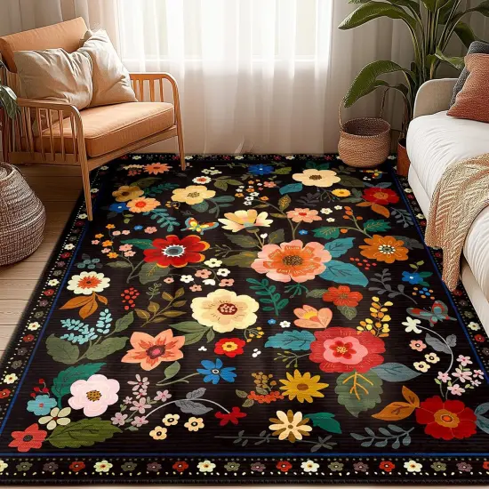Spring Floral 5x7 Area Rug Machine Washable Boho Carpet Non Slip Doormat Low Pile Flower Area Rugs for Living Room Bedroom Kitchen Dining Room Hallway Entryway Indoor-Black {5}