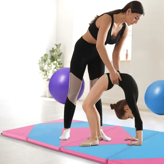 8 Feet PU Leather Folding Gymnastics Mat with Removable Zippered Cover and Hook and Loop Fasteners Pink & Blue {2}