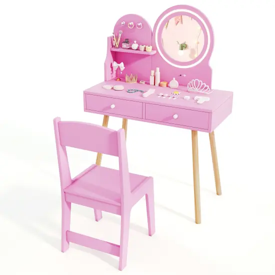 MDF and Pine Wood Kids Princess Dressing Desk with LED Mirror, Storage and Chair Pink {4}