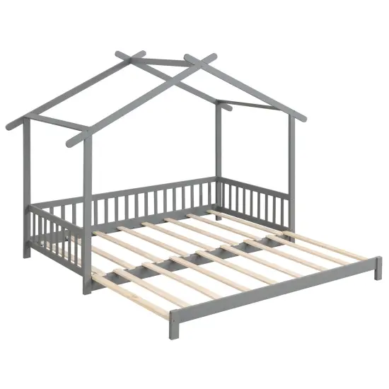 Extendable Daybed House Bed with Roof and Safety Fence Rails Gray {3}