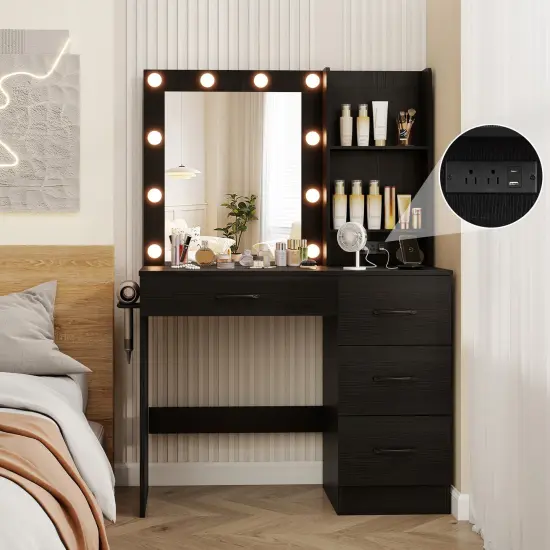 MDF Vanity Desk with Mirror, 3-Color Lighting, Storage and Charging Station Black {5}