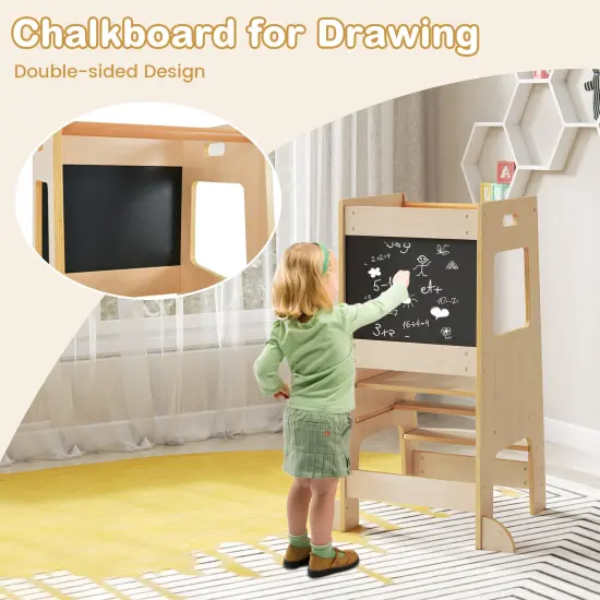 Kids Standing Step Stool Tower with Chalkboards and 2-level Height Adjustable Platform Natural {5}