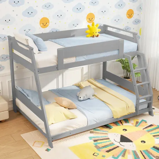 Solid Wood Twin Over Full Low Bunk Bed, Convertible, Sturdy and Safe Design Gray {3}