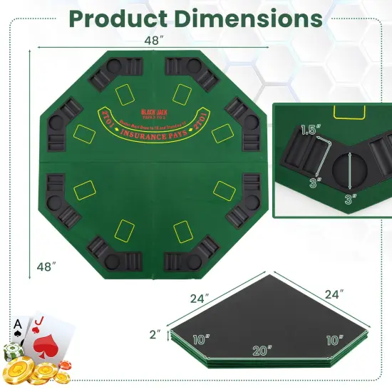 Felt Folding Portable Poker Table Top with Cup Holders and Chip Trays Green {5}