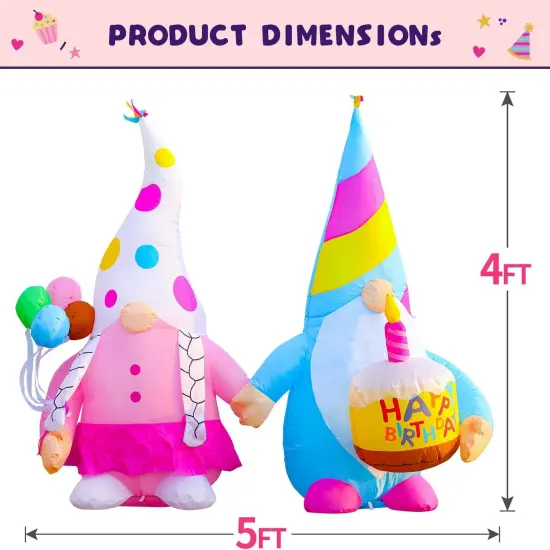 [New] 5FT Birthday Inflatable Gnomes Cake Outdoor Decoration,Build-in LED Lights, for Happy Birthday Party Outdoor,Indoor,Garden Yard Lawn Decor {5}
