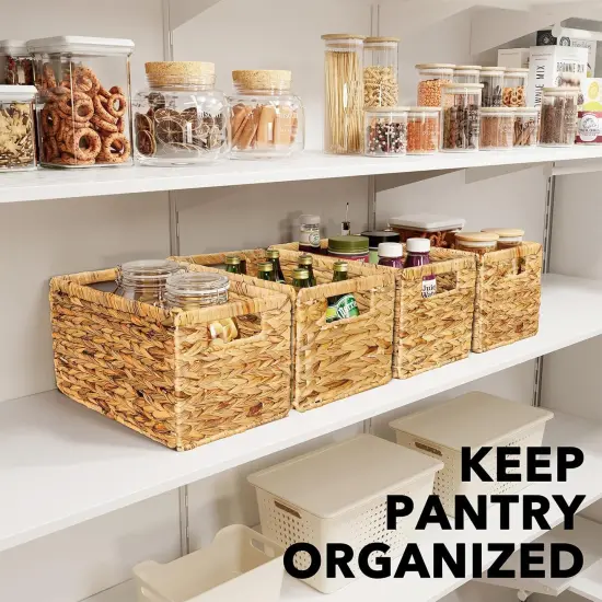 4 Pack Spring Wicker Basket, Storage Baskets for Organizing, Woven Rattan Basket with Handles for Shelves, Water Hyacinth Large Cube Organizer Storage Bin, 13x8.2x7 inch, Natural {4}