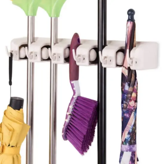 5 Positions Wall-Mounted Mop Holder Hanger with 6 Foldable Hooks Ideal for Bathroom or Kitchen Dark Gray {1}