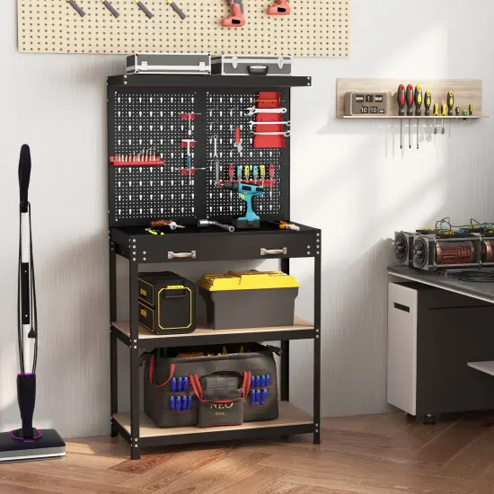 Freestanding Tool Storage Workbench with Pegboard with 14 Hanging Accessories and 2 Drawers Black and Red {1}
