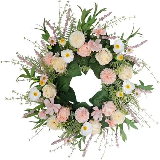 Pink Spring Wreaths for Front Door, 20 Inch Artificial Floral Wreath with Rose Ball-Chrysanthemum, Flower Wreath for Porch Wall Window Decor, Handmade Wreaths for Wedding Decoration {5}