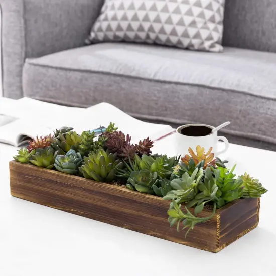 Artificial Succulent Centerpiece, 15.75 Inch Faux Succulents Arrangement Plants in Rustic Burnt Wood Rectangular Planter Box {2}