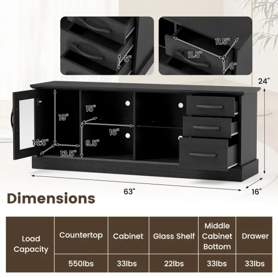63 Inches Entertainment Center with 3 Storage Drawers and Removable Glass Shelves Black {5}