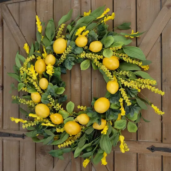 20 inch Artificial Lemon Wreath Spring Fruit Wreath with Yellow Lemon and Artificial Green Leaves for Front Door, Window and Wall Hanging Decorations, Holiday Decorations {1}