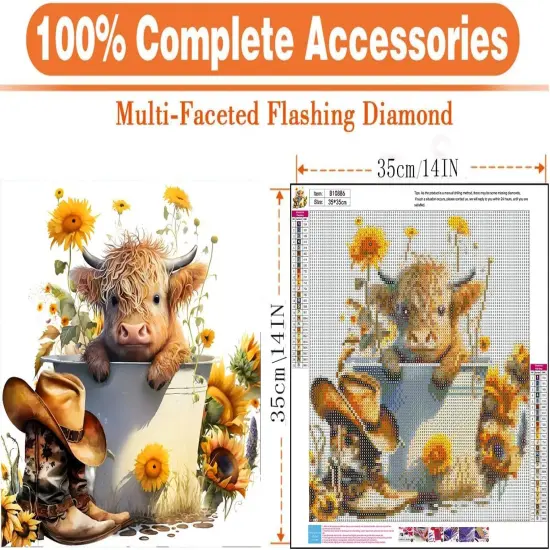 Diamond Painting Kits for Adults, 5D Cow and Flower Full Drill Diamond Art, DIY Highland Cow Diamond Art Kit Gem Art for Home Wall Decor (13.78 X13.78 inch) {2}