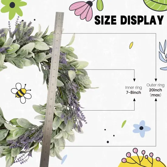20" Spring Lavender Wreath for Front Door - Spring Door Wreath with Purple Floral Design, Lambs Ear, Wall Hanging for Farmhouse D&eacute;cor, Indoor Outdoor Use, Party & Holiday {4}