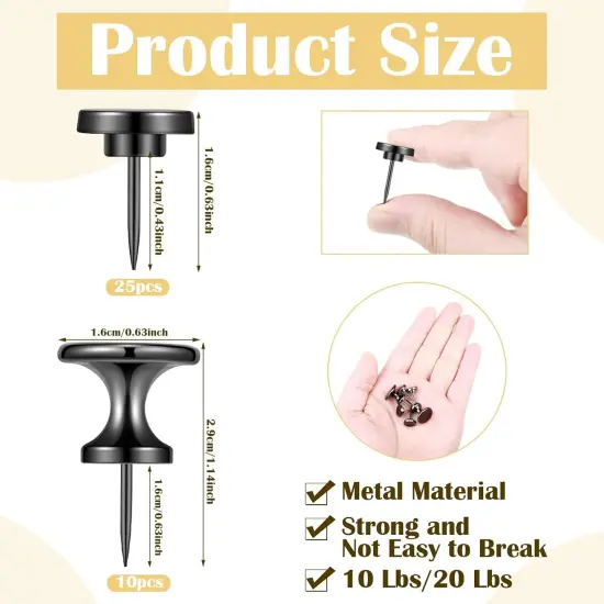 Metal Push Pins, 35 Pieces Large Double Headed Picture Hanging Nails and Black Thumb Tacks for Wall Cork Board Poster Hanging, Wall Pins Wall Tacks for Office Home Decor {2}