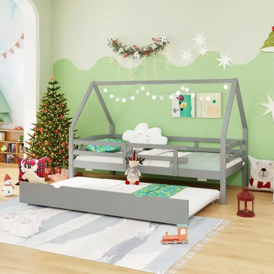 Twin House Bed with Trundle and Fence Rail for Kids Room White {7}