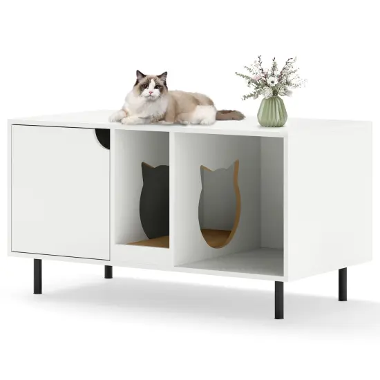 Engineered Wood Cat Litter Box Cabinet with Scratcher and Storage White {1}