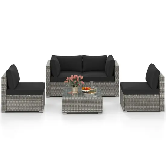 5-Piece Outdoor Patio Furniture Set Including Coffee Table and 4 Rattan Chairs with Cushions Black {4}