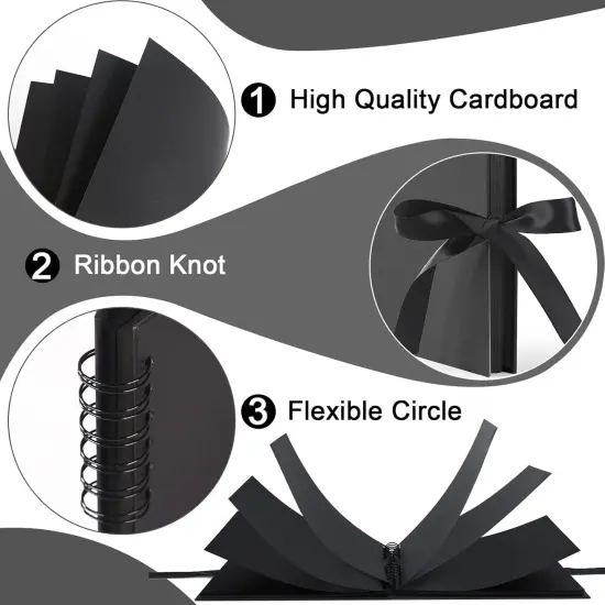 Scrapbook Photo Album with Corner Stickers DIY with Cover Photo Pocket 80 Pages Silk Ribbon Hardcover Album for Guest Book Wedding Baby Shower Christmas Black {3}