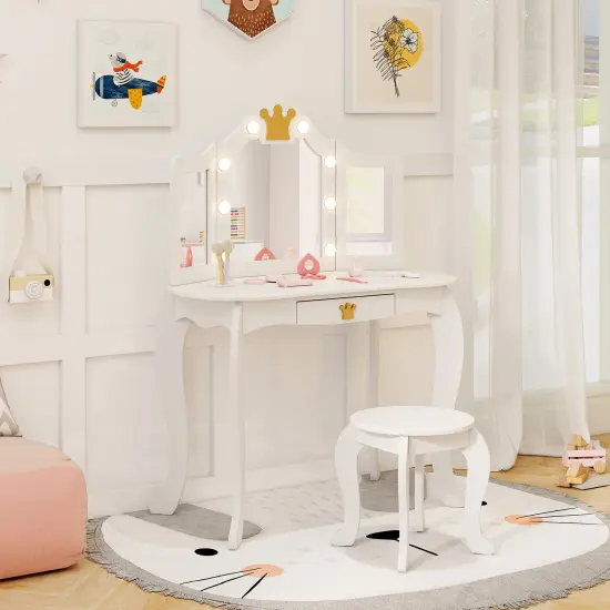 MDF and Acrylic Kids Vanity Set with Tri-Fold Mirror, LED Lights and Storage White {3}