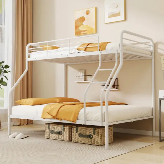 Twin Over Full Metal Bunk Bed with Guardrails, Ladder, Storage Space and Sturdy Construction White {5}