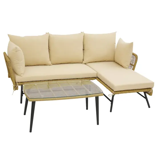 3 Pieces L-Shaped Patio Sofa with Tempered Glass Coffee Table with Metal Frame Beige {4}