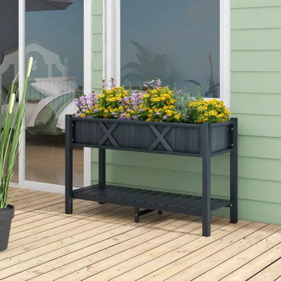 HIPS Raised Planter Box with Bottom Shelf and Drainage System Black {3}
