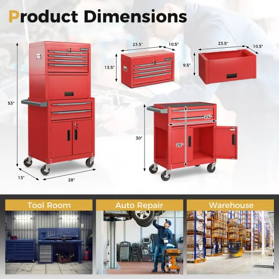 3-in-1 Rolling Tool Chest Storage Cabinet with Universal Wheels and 6 Different Size Drawers Red {5}