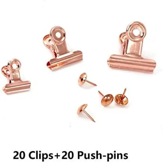 20 Pack Metal Clips with 20 Push-pins for Corkboard,Bulldog Clips for Hanging Pictures,Small Hinge Clips for Photos Crafts,Mini Binder Clips Paper File Clamps(1.25 Inch,Rose Gold) {2}