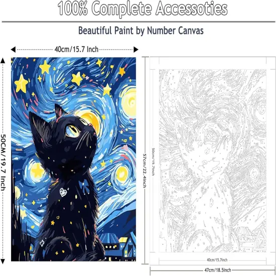 Paint by Numbers for Adults Black Cat, Paint by Numbers Kit on Canvas for Beginners, Starry Night Number Painting Set Craft Supplies, 3 Paintbrushes and Acrylic Paint 16x20 Inch {2}