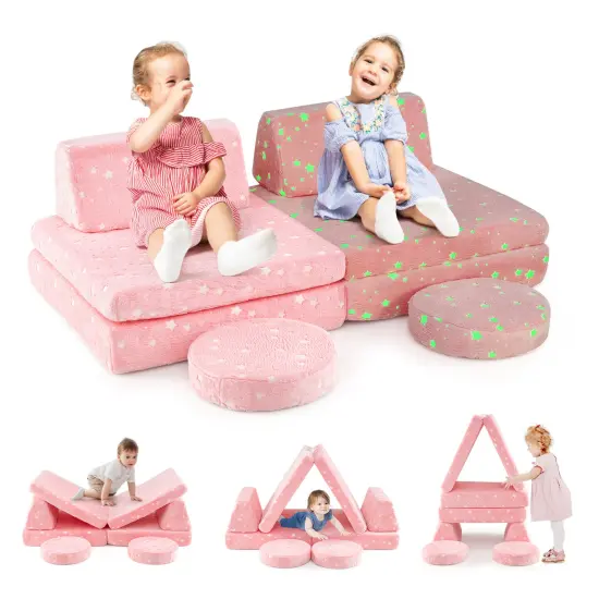 Flannel Kids Play Couch Set and 6-Piece Glow-in-the-Dark Modular Sofa Pink {5}