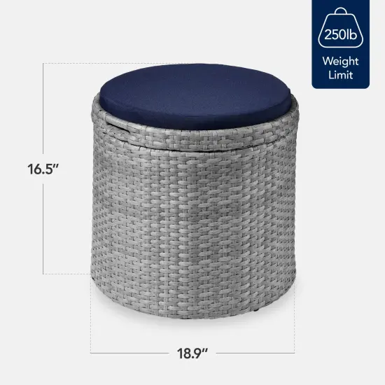 Best Choice Products Round Wicker Ottoman, Multipurpose Furniture w/ Removable Cushion, Steel Frame Gray/Navy {2}