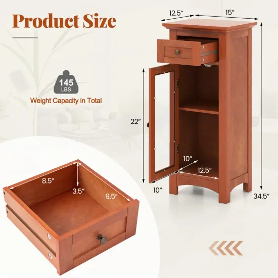 MDF Storage Cabinet with Glass Door, Drawer and Adjustable Shelf Brown {5}