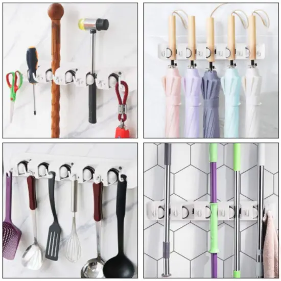 5 Positions Wall-Mounted Mop Holder Hanger with 6 Foldable Hooks Ideal for Bathroom or Kitchen Dark Gray {2}