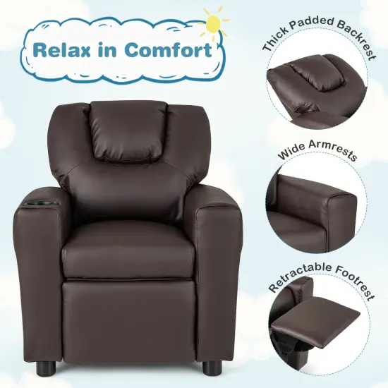 Sponge PU Wood PP Kids Recliner Chair with Adjustable Backrest, Footrest and Firm Cushion Brown {6}