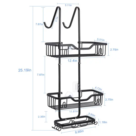 3-Tier Rustproof Shower Caddy with 4 Hooks &ndash; No Drill Hanging Bathroom Organizer, 40 lb Capacity, Adhesive Suction Cups for Shampoo, Soap, Towels {2}