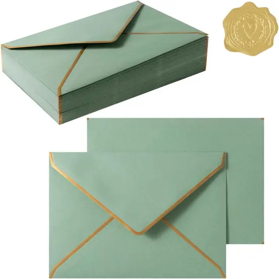 50 Pieces A7 Envelopes with Gold Border, 5.24 x 7.21 Inches Envelopes with Gold Stickers for Greeting Cards and Invitation (Sage Green, A7-5x7) {1}