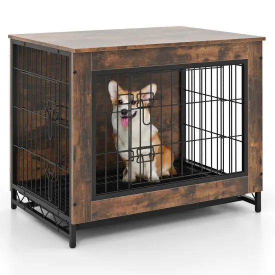 Rustic Brown MDF Metal Dog Crate Furniture with Dual Lockable Doors and Pull-Out Tray {1}