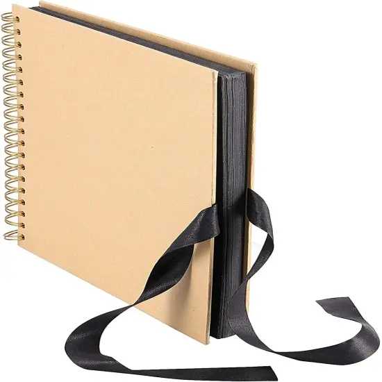 DIY Scrapbook Album, Brown Hardcover Black Paper Spiral Scrapbook Journal with Ribbon and Corner Stickers, Blank Photo Album Bulk for Anniversary Birthday Wedding {3}