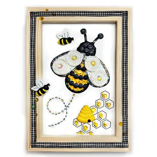 Buttons Galore & More DIY Bumble Bee Frame Craft Kit, Natural Wood Frame with Black Gingham Trim, Button Art, Honeycomb Design, Wall Decor, 5x7 Inches {1}